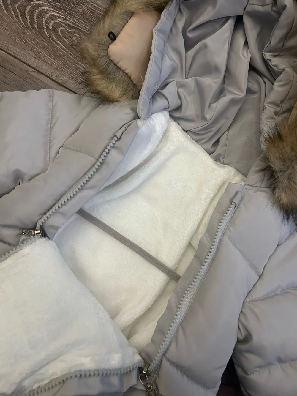 Cozy Light Gray Baby Puffer Snowsuit with Faux-Fur Hood